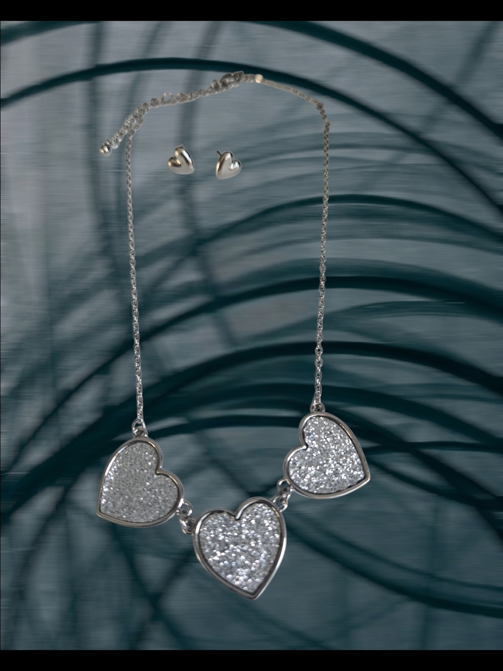 Silver Heart Trio Necklace and Stud Earrings - Women Jewelry